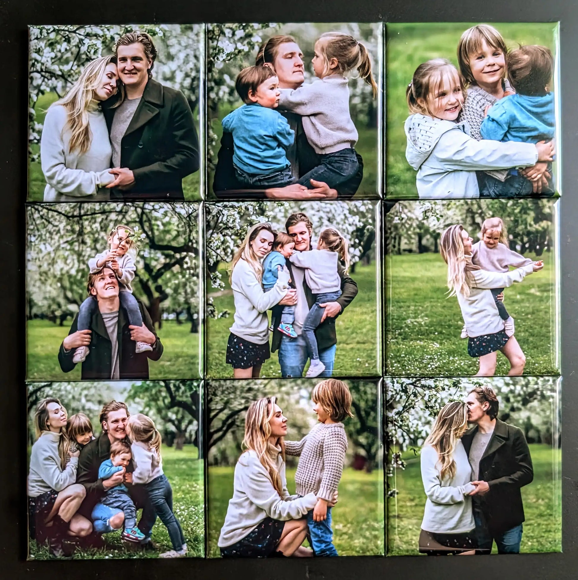 Set of 9 custom square magnets with family photos on green background. Ensemble de 9 aimants personnalisés carrés avec photos de famille sur fond vert.