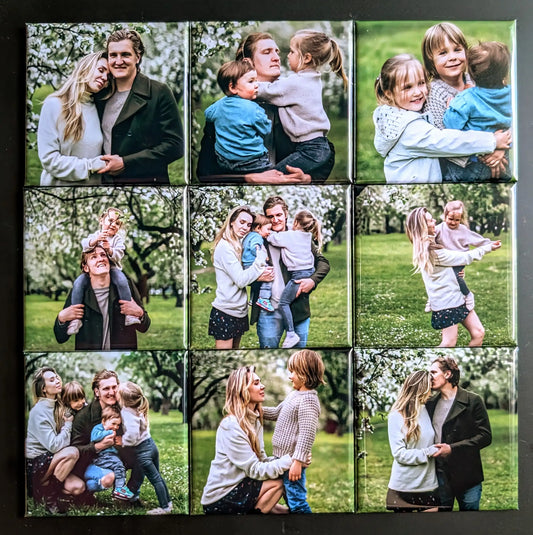 Set of 9 custom square magnets with family photos on green background. Ensemble de 9 aimants personnalisés carrés avec photos de famille sur fond vert.